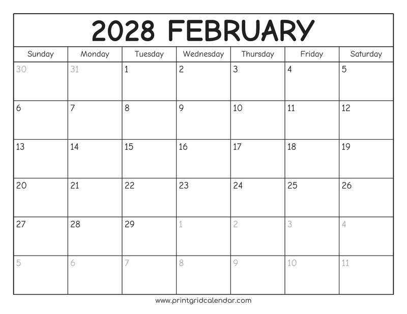 February 2028 Calendar — Rounded Outline — US Letter · Landscape · Sunday start