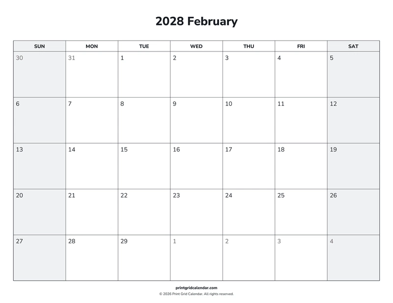 February 2028 Calendar — Weekend rhythm — US Letter · Landscape · Sunday start