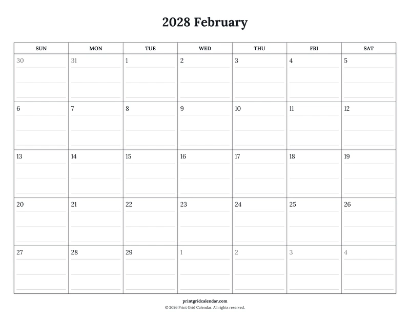 February 2028 Calendar — Ruled journal — US Letter · Landscape · Sunday start