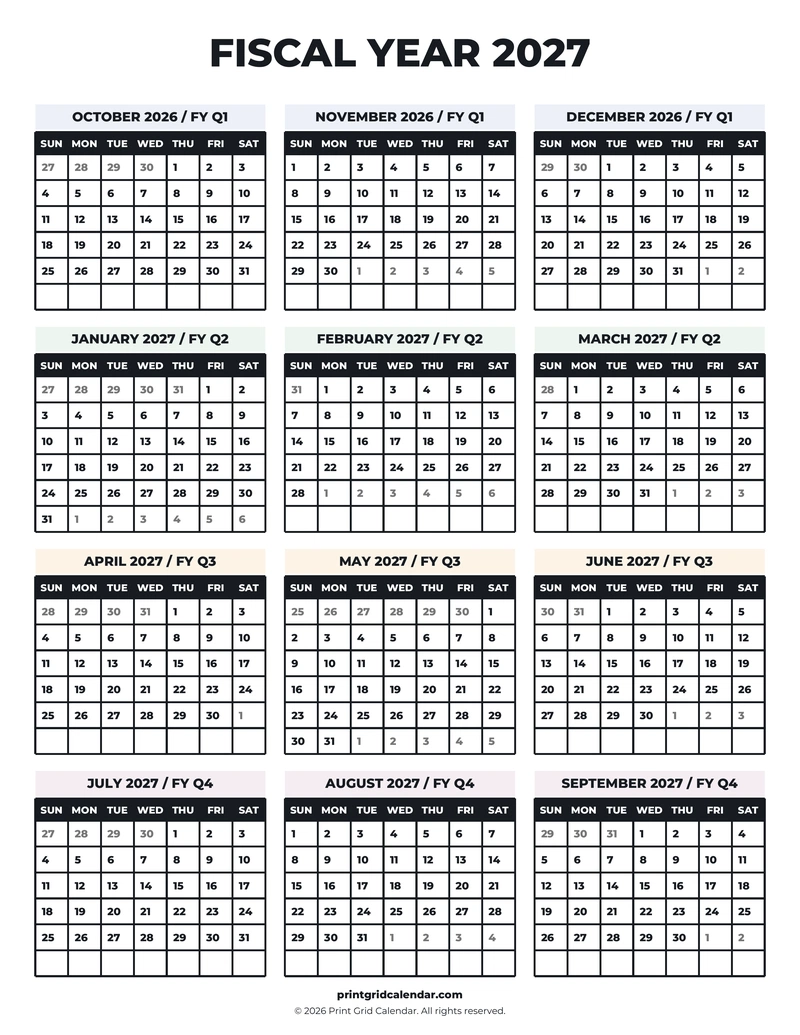 Fiscal Year 2027 Calendar — Bold essentials — US Letter · Portrait · Sunday start