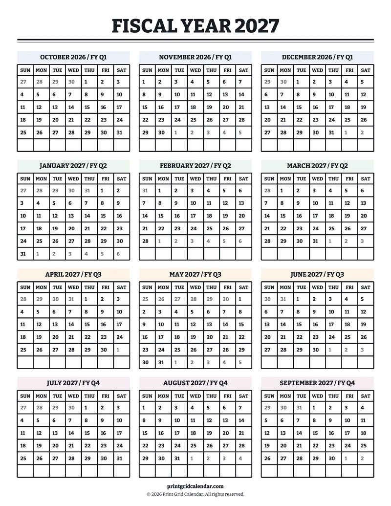 Fiscal Year 2027 Calendar — Bookish bold — US Letter · Portrait · Sunday start