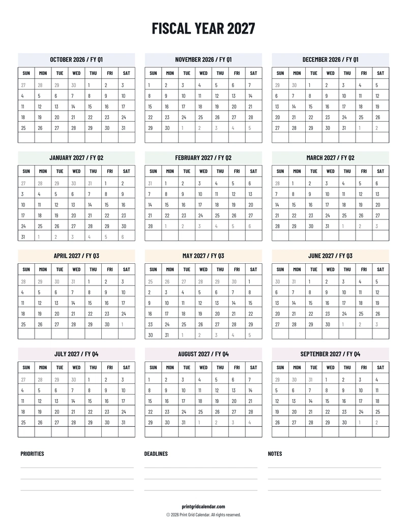 Fiscal Year 2027 Calendar — Plans below — US Letter · Portrait · Sunday start