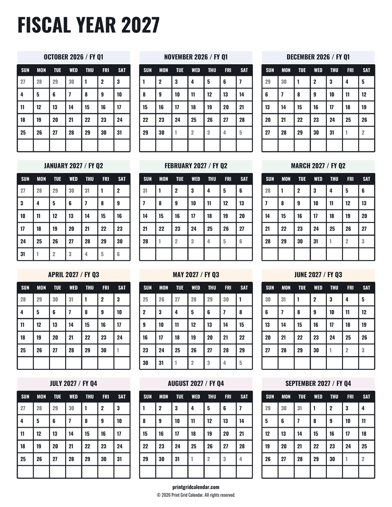 Fiscal Year 2027 Calendar — Tall workspace — US Letter · Portrait · Sunday start
