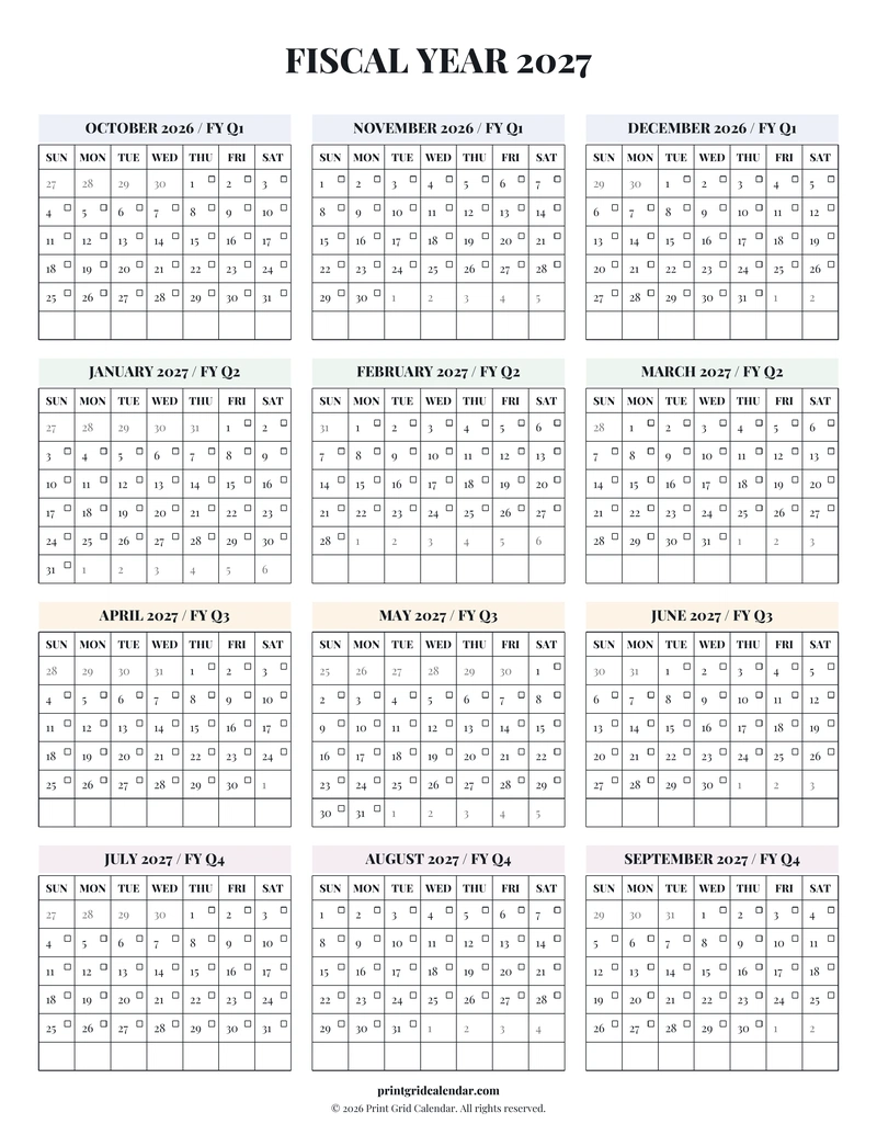 Fiscal Year 2027 Calendar — Editorial checklist — US Letter · Portrait · Sunday start
