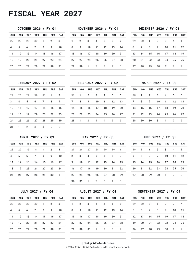 Fiscal Year 2027 Calendar — Quiet minimal — US Letter · Portrait · Sunday start