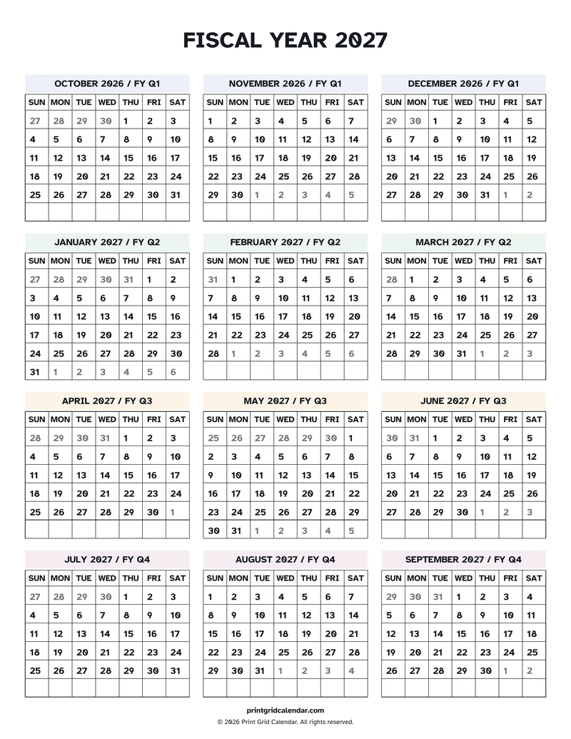 Fiscal Year 2027 Calendar — Easy read — US Letter · Portrait · Sunday start