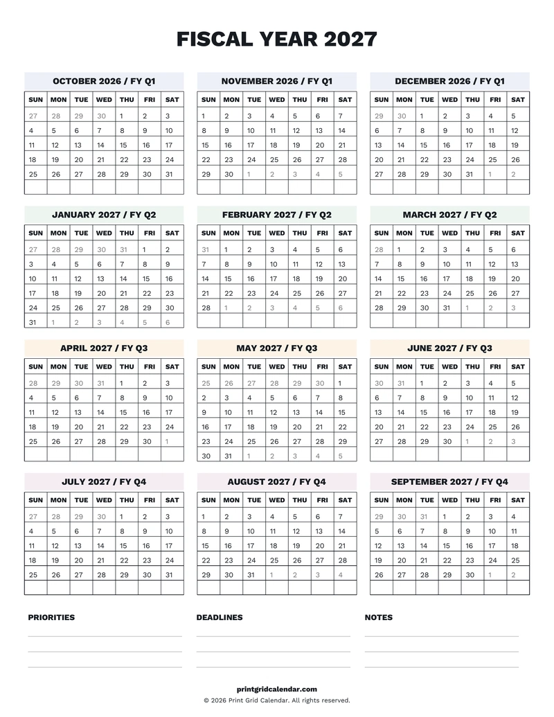 Fiscal Year 2027 Calendar — Desk notes — US Letter · Portrait · Sunday start