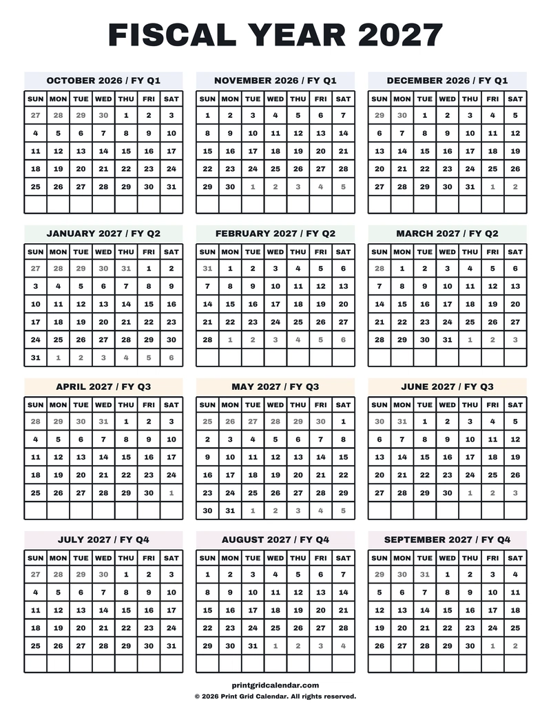 Fiscal Year 2027 Calendar — Big statement — US Letter · Portrait · Sunday start