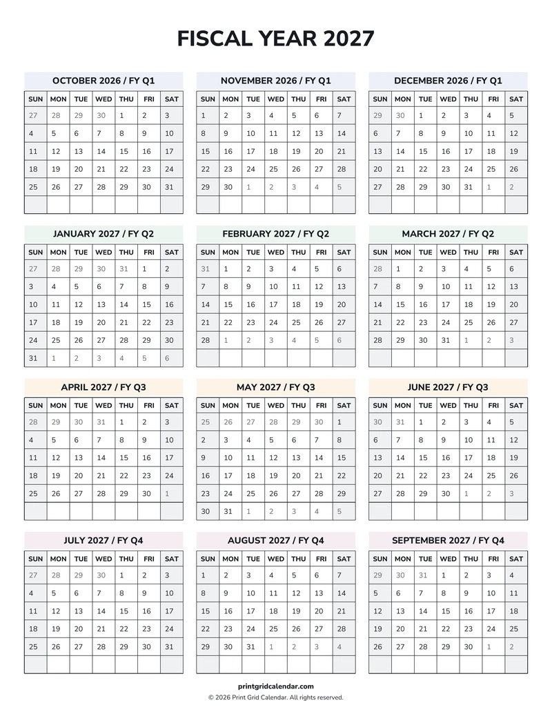 Fiscal Year 2027 Calendar — Weekend rhythm — US Letter · Portrait · Sunday start