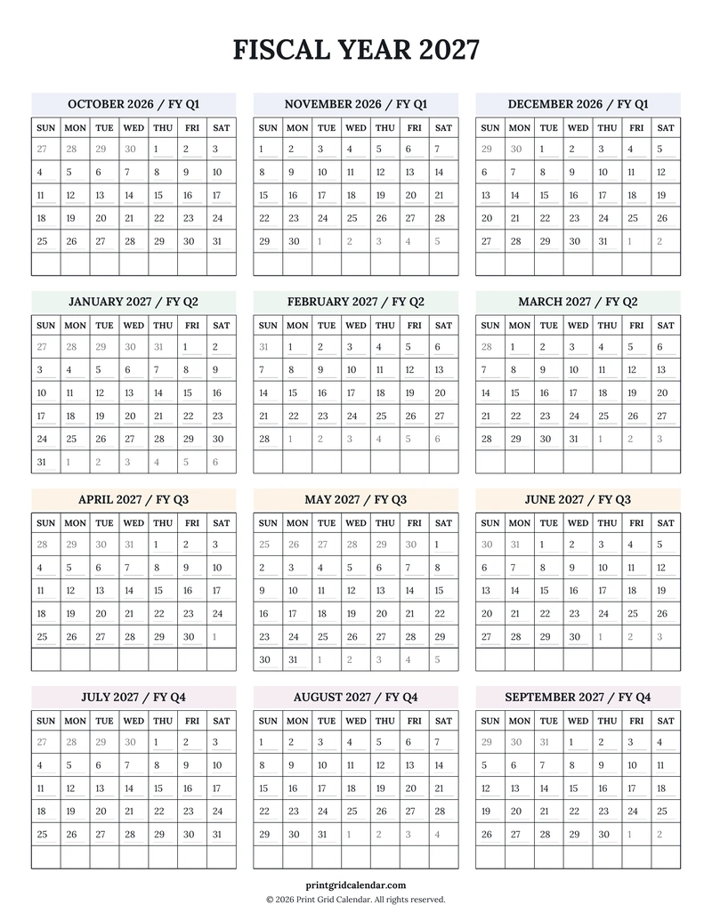 Fiscal Year 2027 Calendar — Ruled journal — US Letter · Portrait · Sunday start