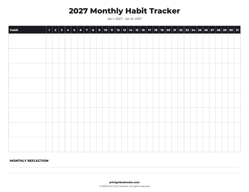 Monthly Habit Tracker — Bold essentials — US Letter · Landscape · Monday start