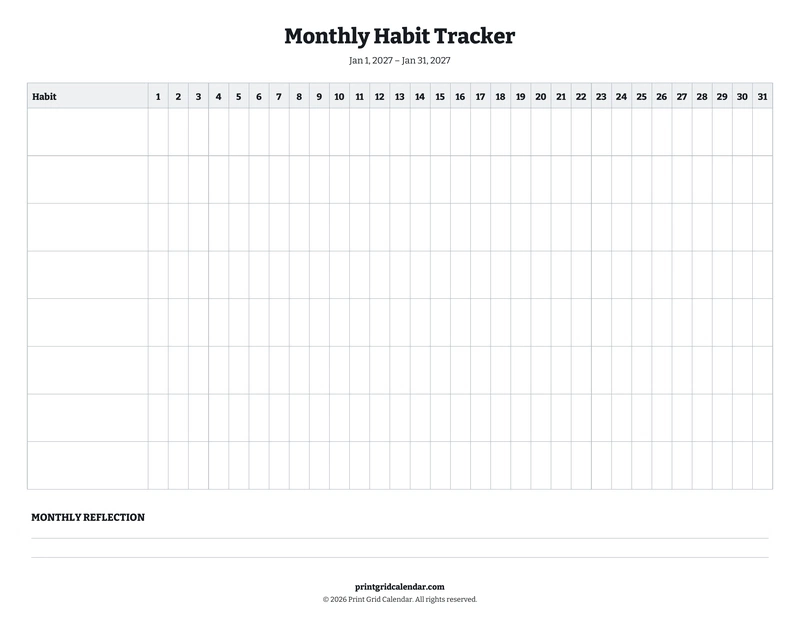 Monthly Habit Tracker — Bookish bold — US Letter · Landscape · Monday start