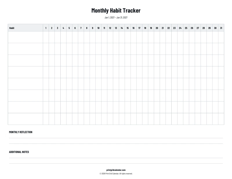Monthly Habit Tracker — Plans below — US Letter · Landscape · Monday start