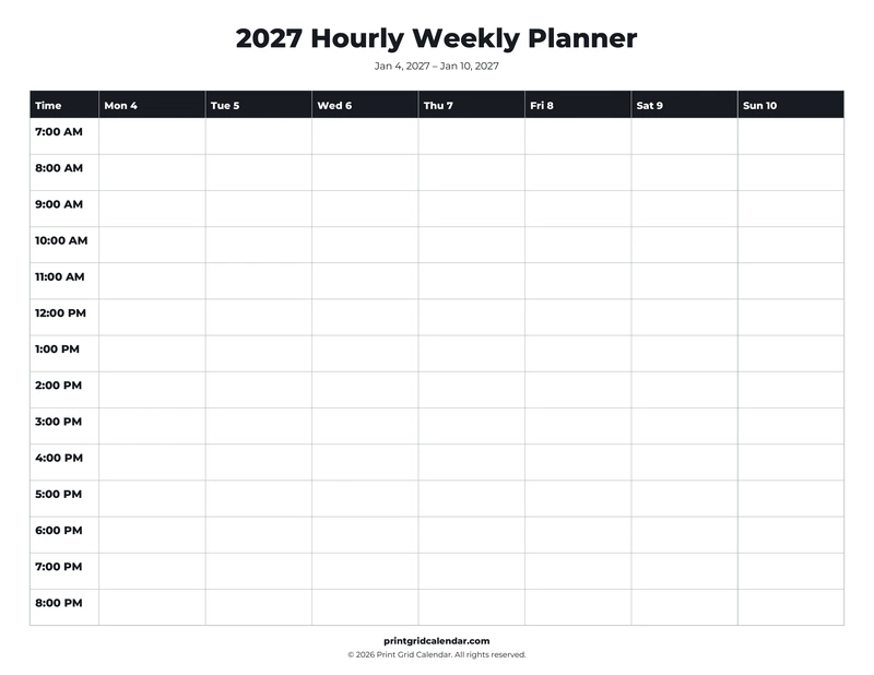 Hourly Weekly Planner — Bold essentials — US Letter · Landscape · Monday start