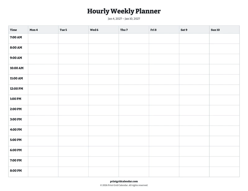Hourly Weekly Planner — Bookish bold — US Letter · Landscape · Monday start