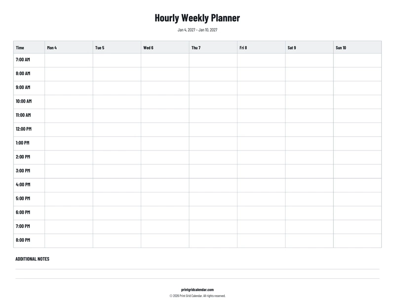 Hourly Weekly Planner — Plans below — US Letter · Landscape · Monday start