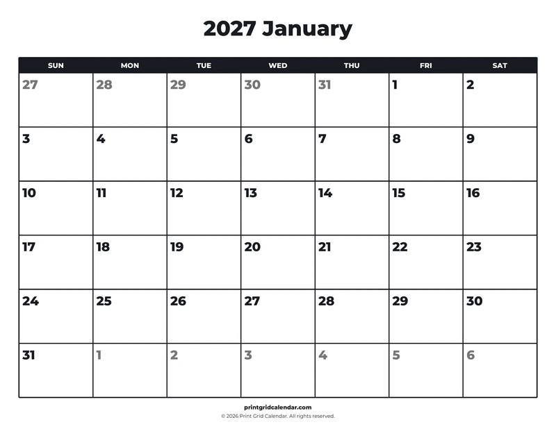 2027 Monthly Calendar Pack — Bold essentials — US Letter · Landscape · Sunday start