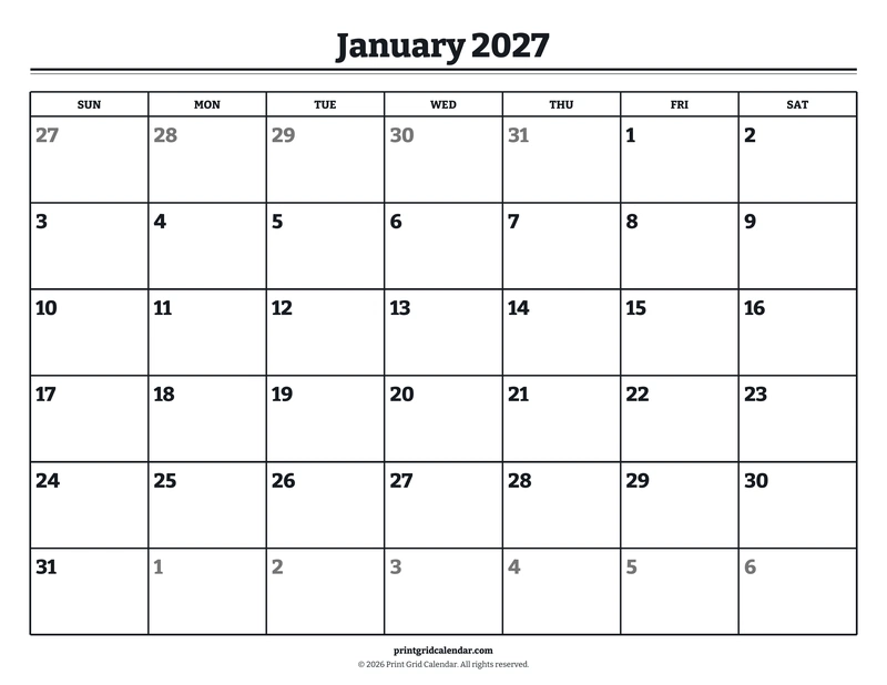 2027 Monthly Calendar Pack — Bookish bold — US Letter · Landscape · Sunday start