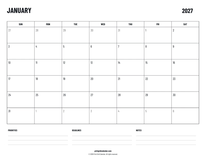 2027 Monthly Calendar Pack — Plans below — US Letter · Landscape · Sunday start