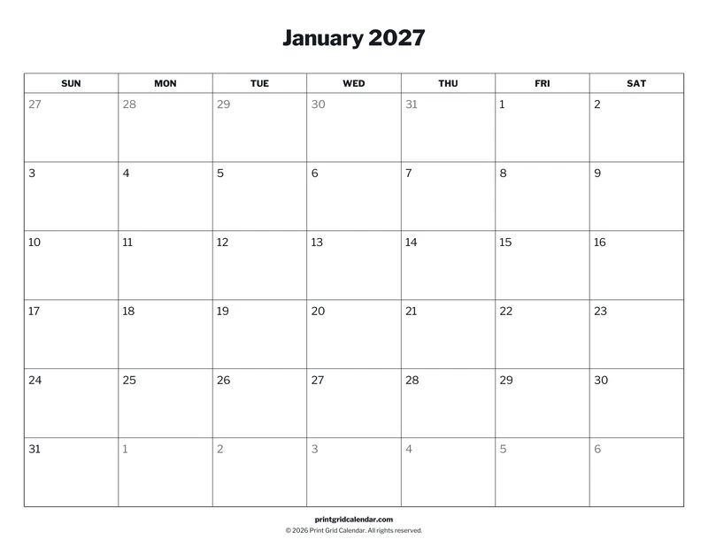 2027 Monthly Calendar Pack — Clean grid — US Letter · Landscape · Sunday start