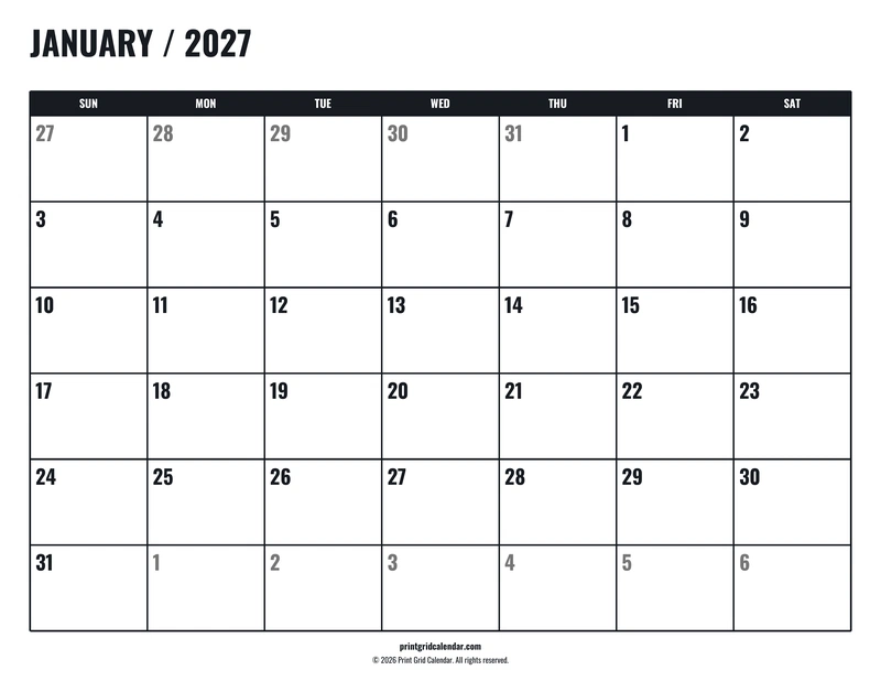2027 Monthly Calendar Pack — Tall workspace — US Letter · Landscape · Sunday start