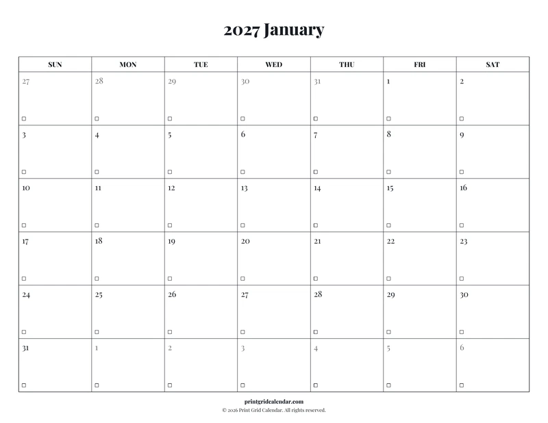 2027 Monthly Calendar Pack — Editorial checklist — US Letter · Landscape · Sunday start