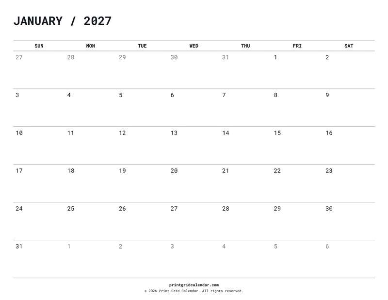 2027 Monthly Calendar Pack — Quiet minimal — US Letter · Landscape · Sunday start