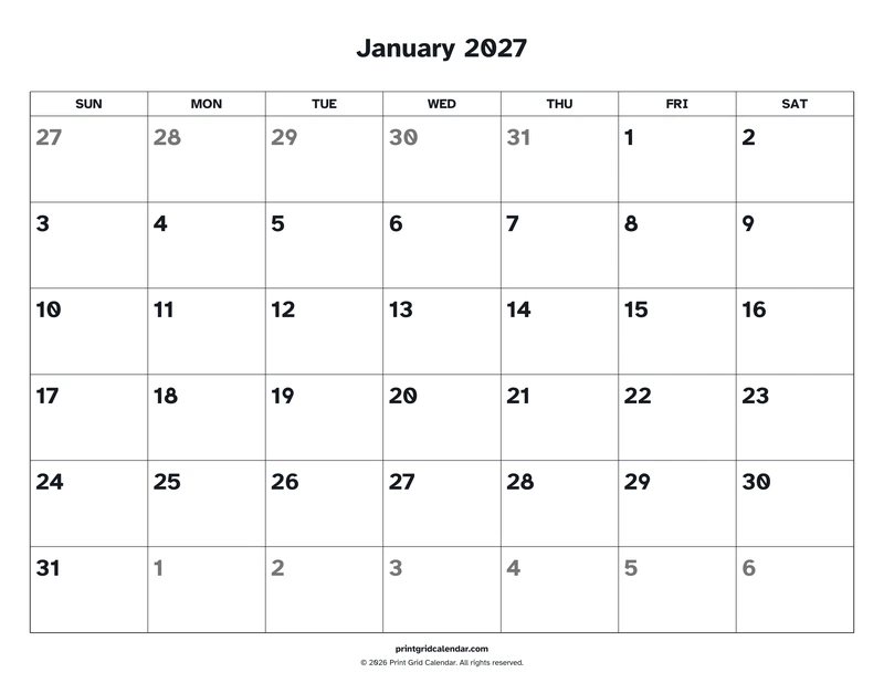 2027 Monthly Calendar Pack — Easy read — US Letter · Landscape · Sunday start