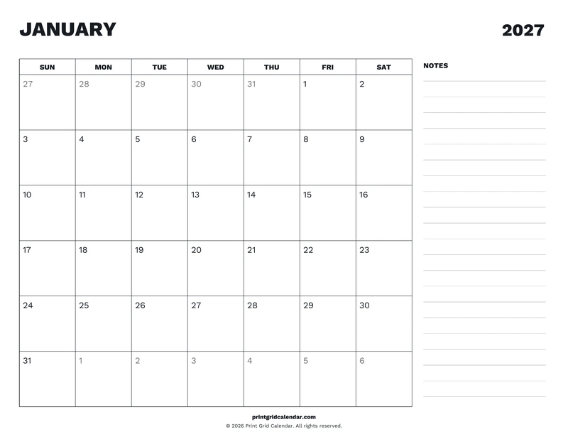 2027 Monthly Calendar Pack — Desk notes — US Letter · Landscape · Sunday start