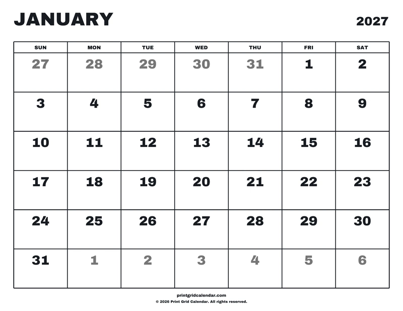 2027 Monthly Calendar Pack — Big statement — US Letter · Landscape · Sunday start