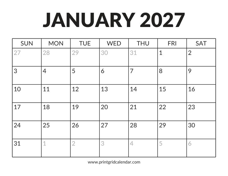 January 2027 Calendar — Bold Display — US Letter · Landscape · Sunday start