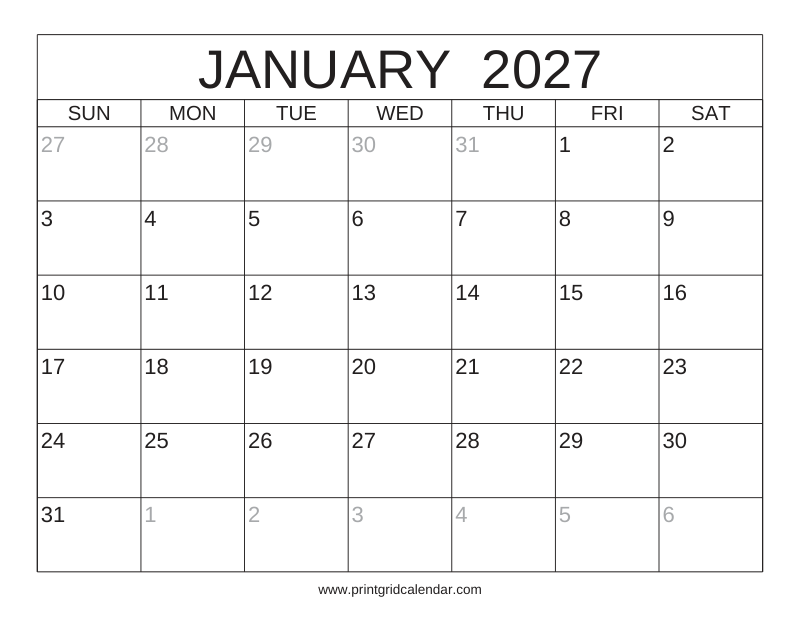 January 2027 Calendar — Classic Frame — US Letter · Landscape · Sunday start