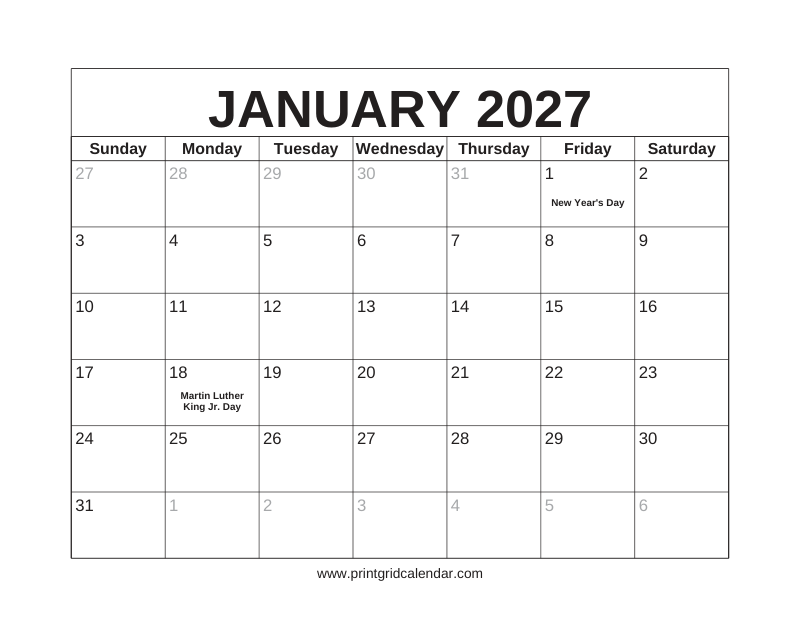 January 2027 Calendar — US Holidays & Observances — US Letter · Landscape · Sunday start