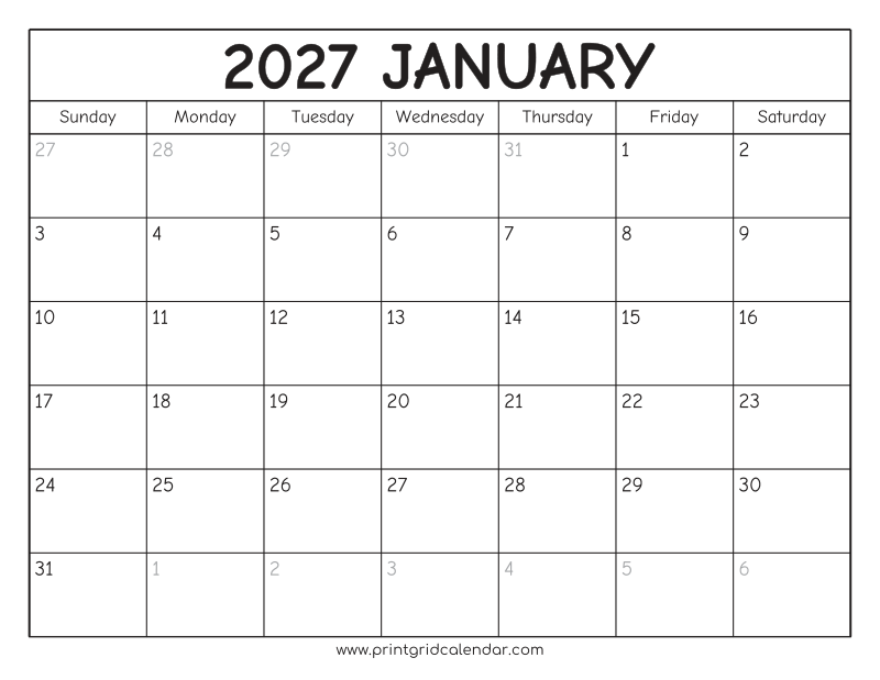 January 2027 Calendar — Rounded Outline — US Letter · Landscape · Sunday start
