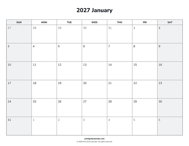 2027 Monthly Calendar Pack — Weekend rhythm — US Letter · Landscape · Sunday start