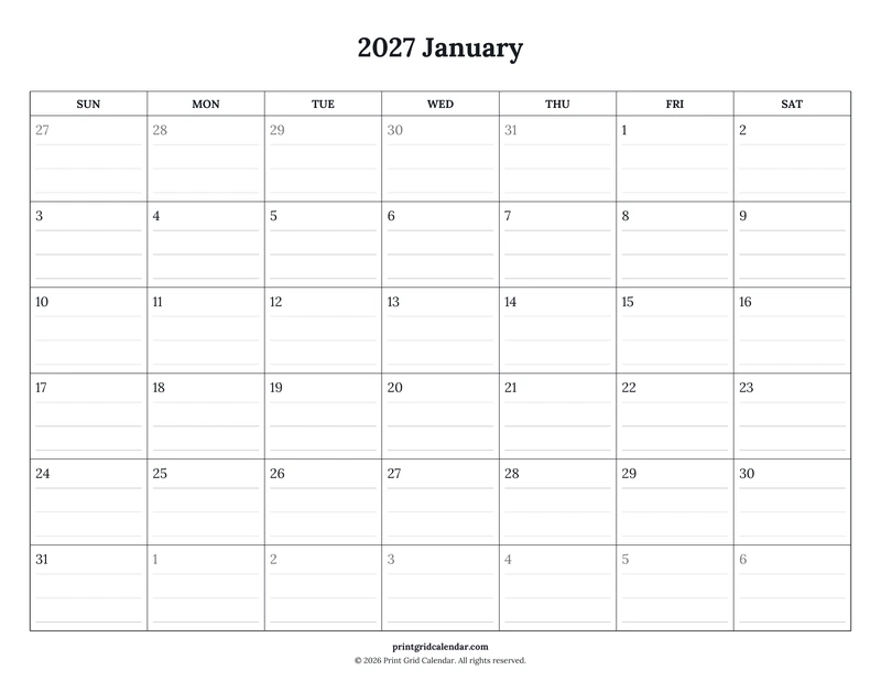 2027 Monthly Calendar Pack — Ruled journal — US Letter · Landscape · Sunday start