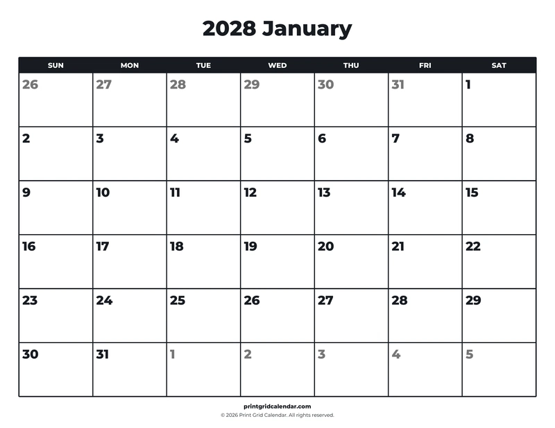 2028 Monthly Calendar Pack — Bold essentials — US Letter · Landscape · Sunday start
