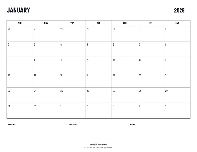 2028 Monthly Calendar Pack — Plans below — US Letter · Landscape · Sunday start