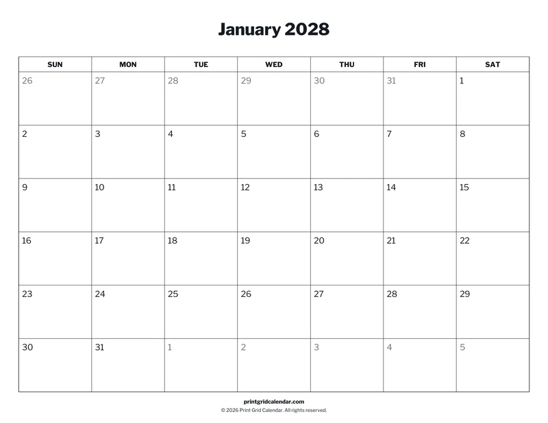 2028 Monthly Calendar Pack — Clean grid — US Letter · Landscape · Sunday start