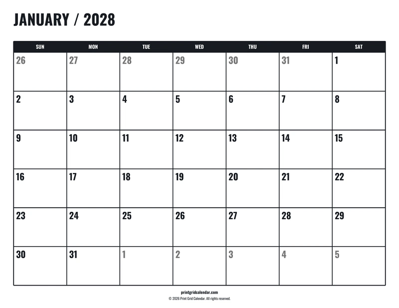 2028 Monthly Calendar Pack — Tall workspace — US Letter · Landscape · Sunday start