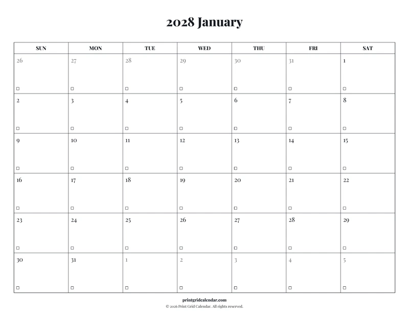 2028 Monthly Calendar Pack — Editorial checklist — US Letter · Landscape · Sunday start