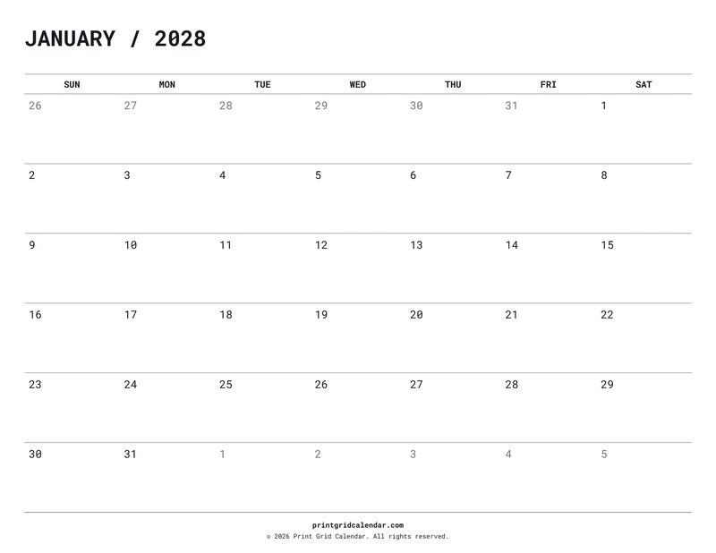 2028 Monthly Calendar Pack — Quiet minimal — US Letter · Landscape · Sunday start
