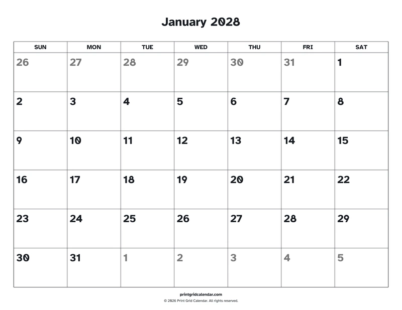 2028 Monthly Calendar Pack — Easy read — US Letter · Landscape · Sunday start