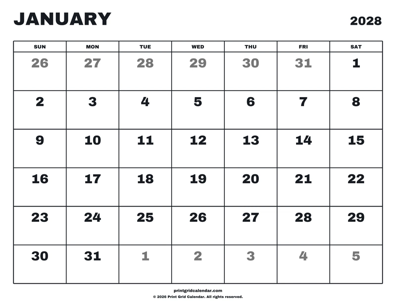 2028 Monthly Calendar Pack — Big statement — US Letter · Landscape · Sunday start