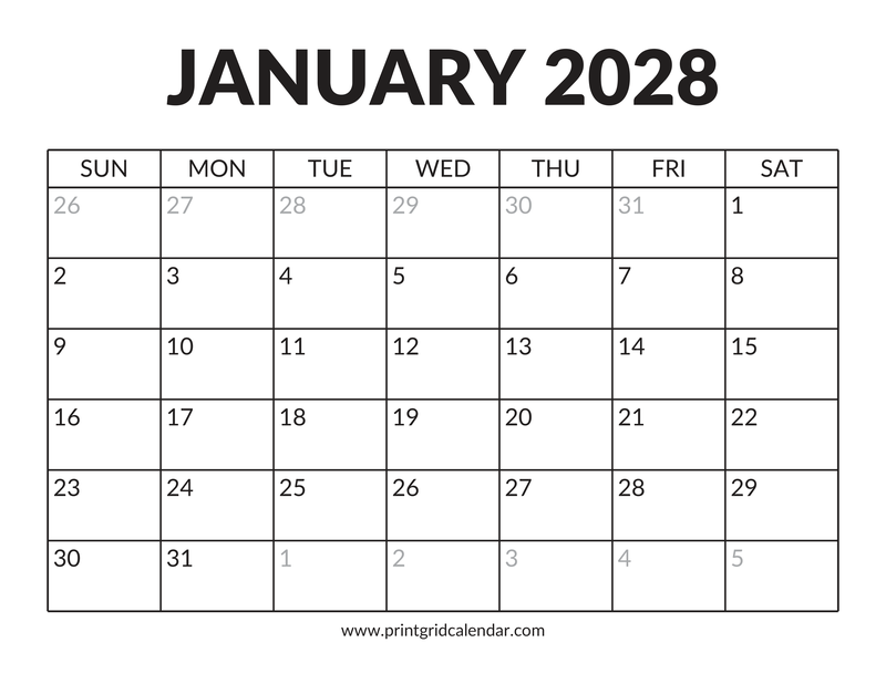 January 2028 Calendar — Bold Display — US Letter · Landscape · Sunday start