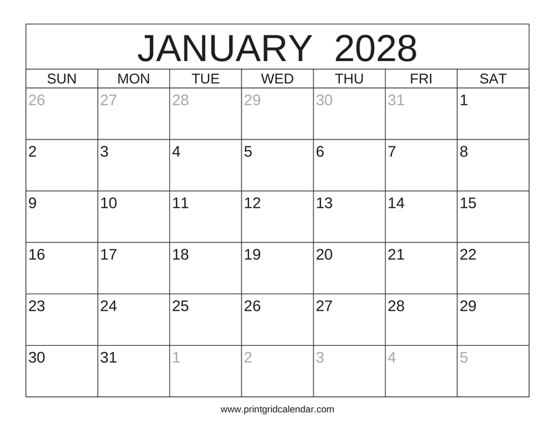 January 2028 Calendar — Classic Frame — US Letter · Landscape · Sunday start