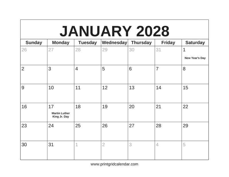 January 2028 Calendar — US Holidays & Observances — US Letter · Landscape · Sunday start