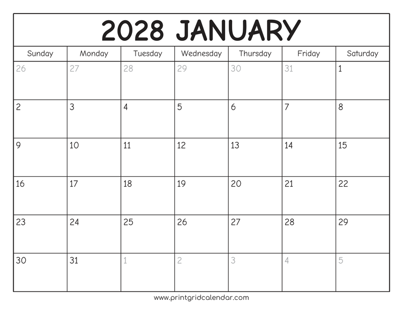 January 2028 Calendar — Rounded Outline — US Letter · Landscape · Sunday start