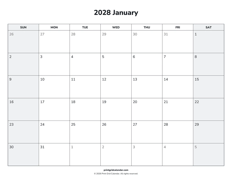 2028 Monthly Calendar Pack — Weekend rhythm — US Letter · Landscape · Sunday start