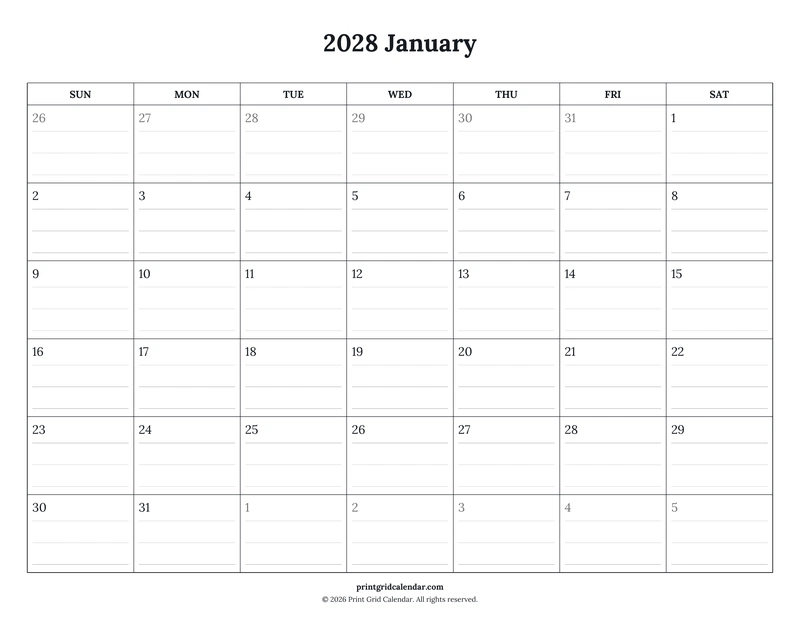 2028 Monthly Calendar Pack — Ruled journal — US Letter · Landscape · Sunday start